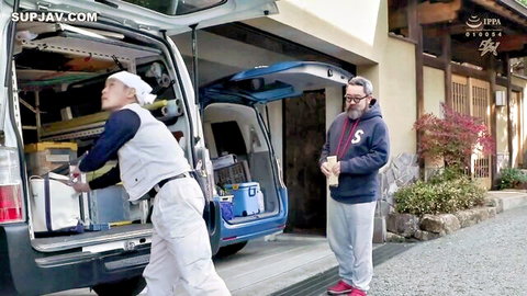 Old Japanese man watches young worker in uniform bend over big ass from van