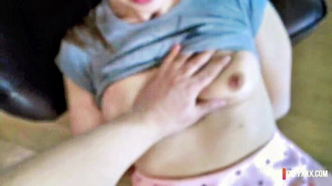 Luna Rival topless in blue shirt, hand groping her breast