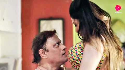 Indian aunt seduced by nephew, passionate kiss on cleavage in colorful top by Ko Ko