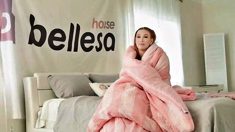 Madison Morgan redhead wrapped in pink blanket, seductive bedroom pose