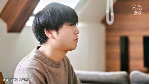 Handsome Asian man in cream sweater, profile view from K-drama style scene