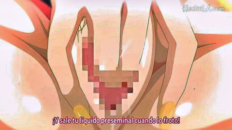 Hentai close-up of pre-cum leaking from cock during oral tease by anime girl