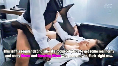 Married Asian secretary in stockings and lingerie fucked on couch