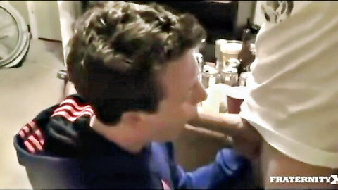 Hot straight guy in hoodie pleasures gay dude's bulge in frat scene
