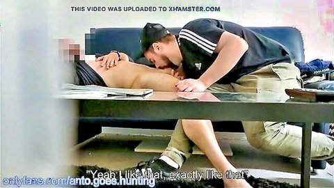 Gay hunk in Adidas cap rims shirtless stud's exposed ass and big uncut cock on couch