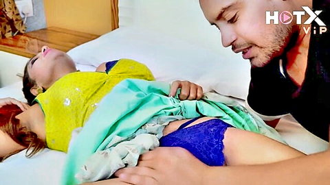 Hot Indian teacher in yellow top and blue panties seduces student on bed