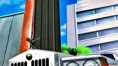 Anime hentai cityscape with white jeep parked near tall buildings and bird perched on orange accents