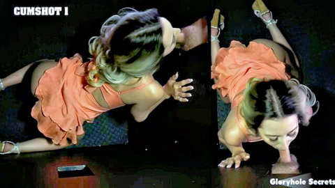 Sophia in orange dress at gloryhole, POV cumshot swallowing action