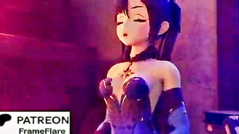 Purple-haired anime hentai girl with massive bare tits in skimpy purple lingerie posing seductively