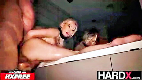 Busty blonde gets rough doggy style fuck in bathtub by huge cock while friend watches