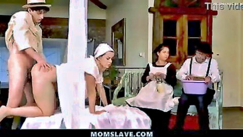Nude man doggystyle fucking bent-over woman in apron in freeuse chores scene