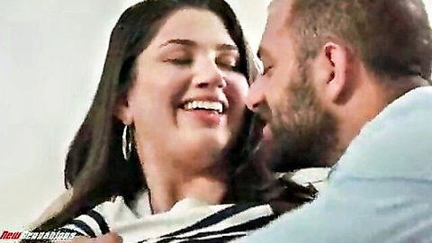 Alyx Star smiling as teacher kisses her in close embrace