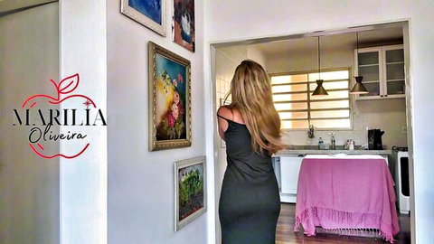 Marilia Oliveira in tight black dress, curvy hottie trying on gym clothes