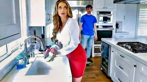 Blonde MILF in tight red skirt bends over kitchen sink as stepson watches from behind