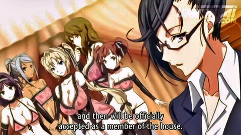 Anime guy in suit with five busty hentai girls in skimpy bikinis group scene