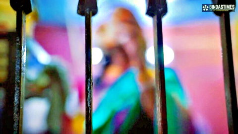 Blurry curvy Indian woman in green sari behind black bars teasing