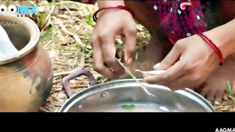 Indian wife cooking in saree, barefoot in rural setting, Bharya Malayalam uncut series