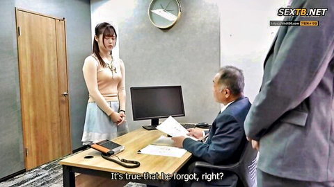 Petite Japanese office girl in short skirt stands nervously before two suited bosses