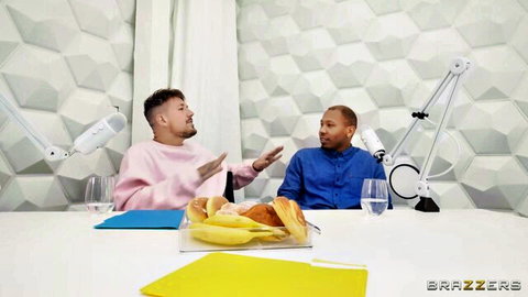 Brazzers podcast parody: two men chat with bananas teasing blowjob