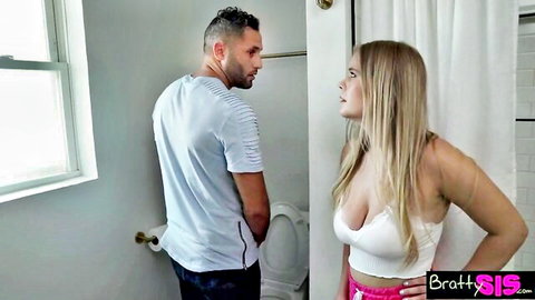 Blonde step-sis teases guy in bathroom about washing hands before blowjob