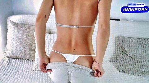 Stepsister pulls down sweatpants showing big ass in white thong