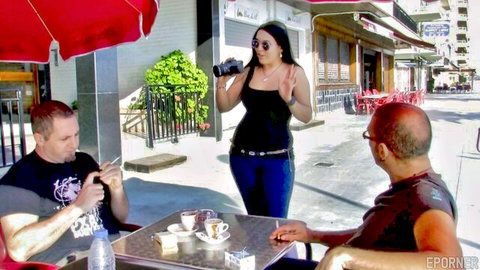 Naughty brunette chick teases two guys at outdoor cafe before rough fuck