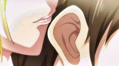 Blonde anime girl whispering intimately into brunette's ear close-up