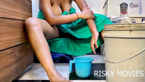 Indian babe with natural tits exposed spreads legs wide in bathroom tease