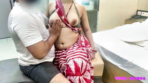 Desi wife in red sari exposing huge breasts, fondled by partner