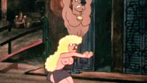 Blonde animated bombshell topless in pasties and skirt with muscular beast in vampire sex scene