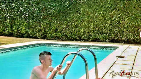 Sam Bourne shirtless entering pool for hardcore fun with mature Karlie Simon