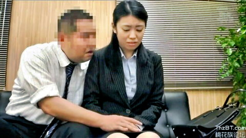 Japanese office lady in suit touched by man, emotional expression, JAV wife seduction scene