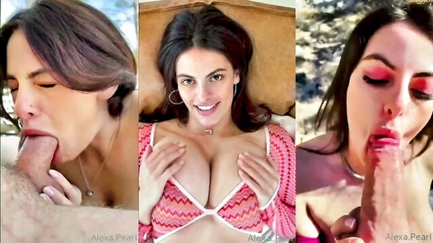 Brunette Alexia Pearl sucking thick cock while flaunting huge natural tits in pink top