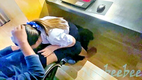 Thai schoolgirl in uniform on man's lap intimate pose, Pam