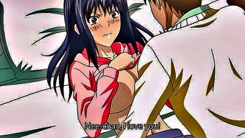 Blushing anime girl with big tits and ass embraced by guy in hentai scene