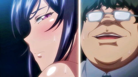 Seductive blue-haired anime girl blushing with sweaty bespectacled man in erotic hentai close-up