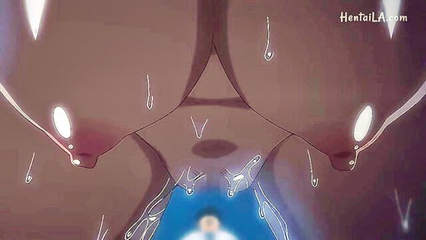 Anime hentai close-up of busty tanned girl's huge breasts and dripping pussy