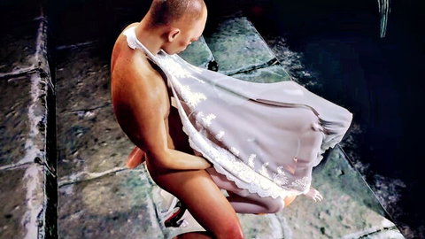 Bald Asian figure in flowing white hentai dress on steps, artistic nude pose