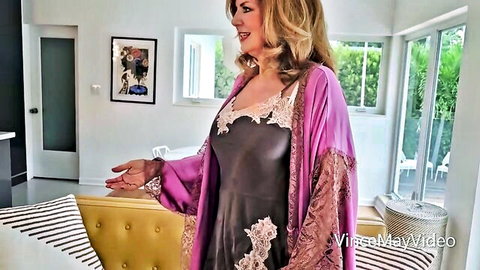 Mature blonde Andi James in sexy silk lingerie and pink robe