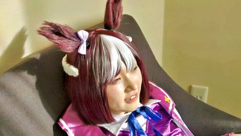Special Week Uma Musume cosplay with fox ears and ribbons in sexy purple outfit