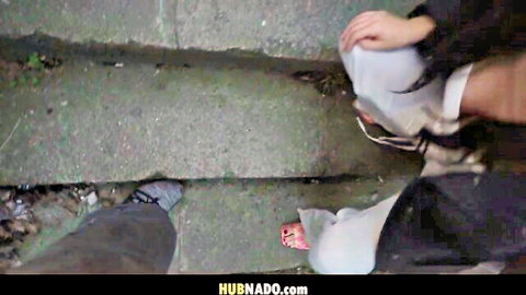 POV of tanned amateur babe spreading legs on public outdoor stairs wearing white socks