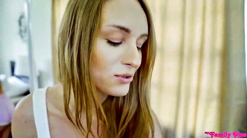 Blonde step sister in white top, seductive gaze for anal taboo