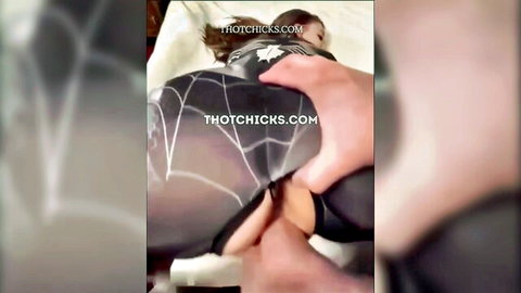 Sophie Rain in Spiderman cosplay, fingered from behind in tight bodysuit