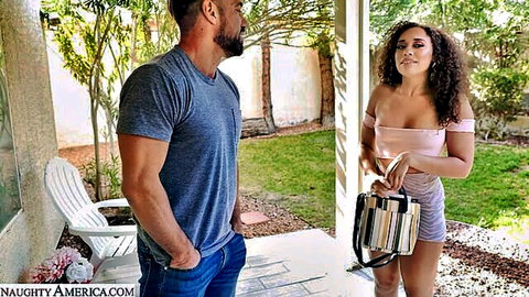 Willow Ryder ebony teen in pink top and skirt chats with friend's dad outdoors