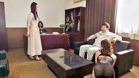 Japanese office threesome with lingerie-clad woman seducing older boss, JAV scene
