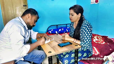 Sexy Indian Bhabhi in blue dress with lover at intimate table moment