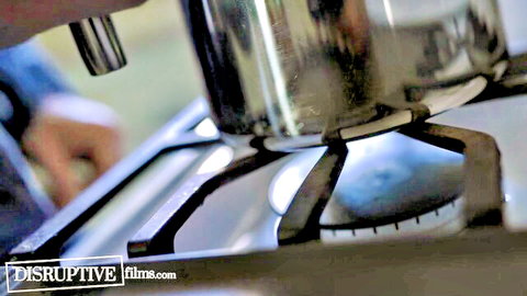 Younger neighbor in seductive kitchen scene boiling pot at Love Trans Sex