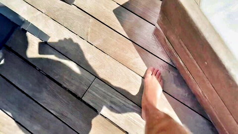 Barefoot woman on sunny wooden deck in beach stranger sex video