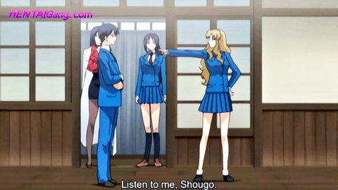 Blonde anime schoolgirl points at Shugo in blue uniforms, hentai scene from Anata Dake Konbanwa