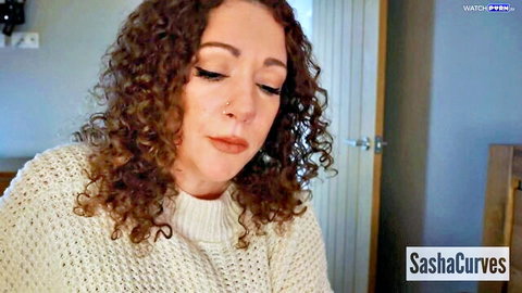 Sasha Curves in white sweater, curly hair, seductive gaze for Mommy Fucks Thanksgiving